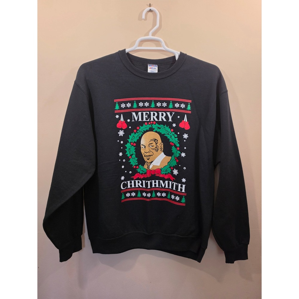 Jerzees Mike Tyson Merry Chrithmith Ugly Christmas Sweater Black Sweatshirt LG